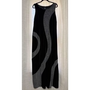 90s Y2K Vintage Onyx Nite Maxi Gown Velvet Glitter Swirl Black Silver Women's 18